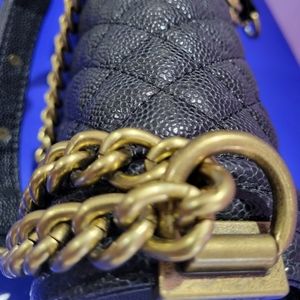 Quilted black caviar like leather shoulder bag or crossbody